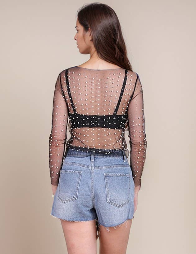 Pearl Rhinestone Studded See Through Mesh Crop Top (Black)