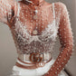 Pearl rhinestone studded sheer mesh see through T-shirt top: White / M