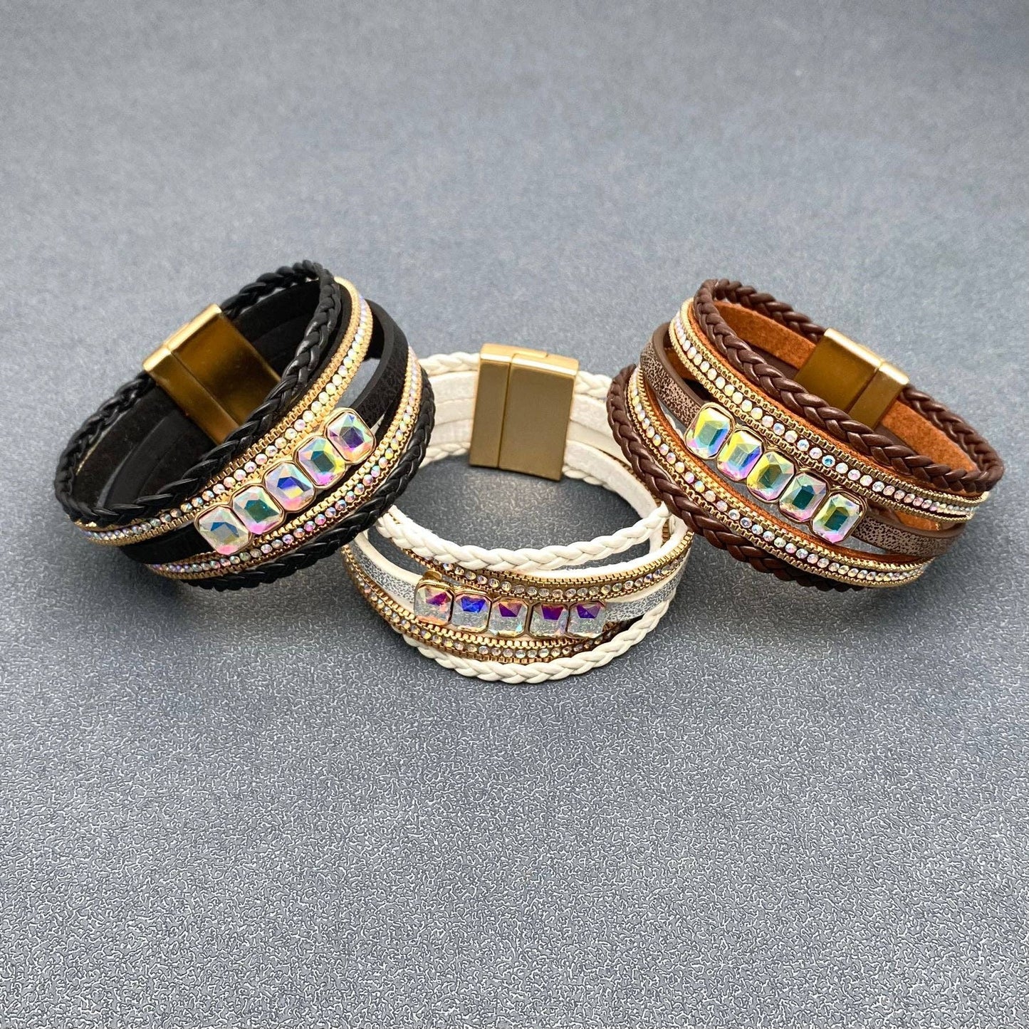 Boho Sparkling Rhinestone Multi-layer Leather Bracelet - LB: White