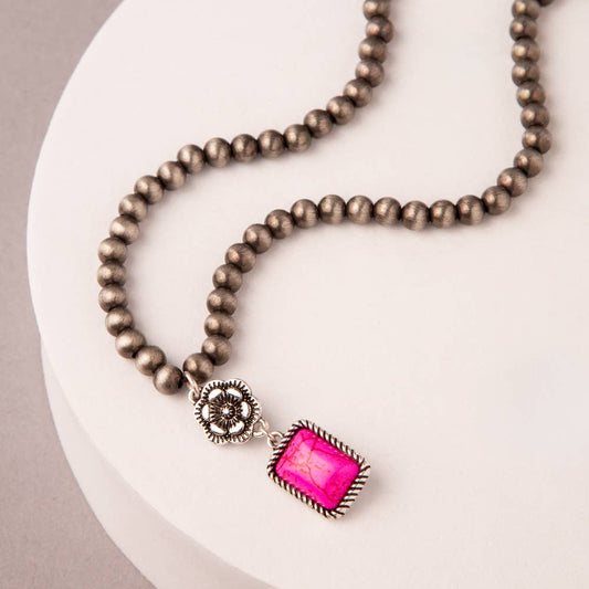 Western Floral Jeweled Pearl Beaded Necklace : Fuchsia