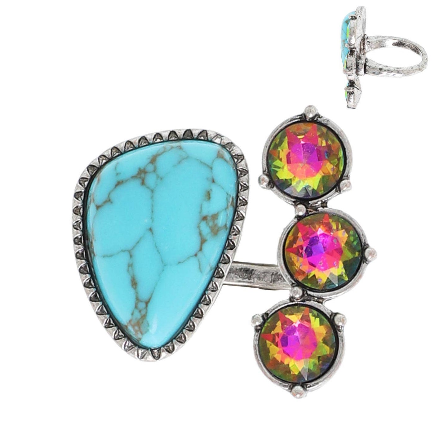 Western Jeweled 4-Stone Turquoise Cuff Ring: Iridescent