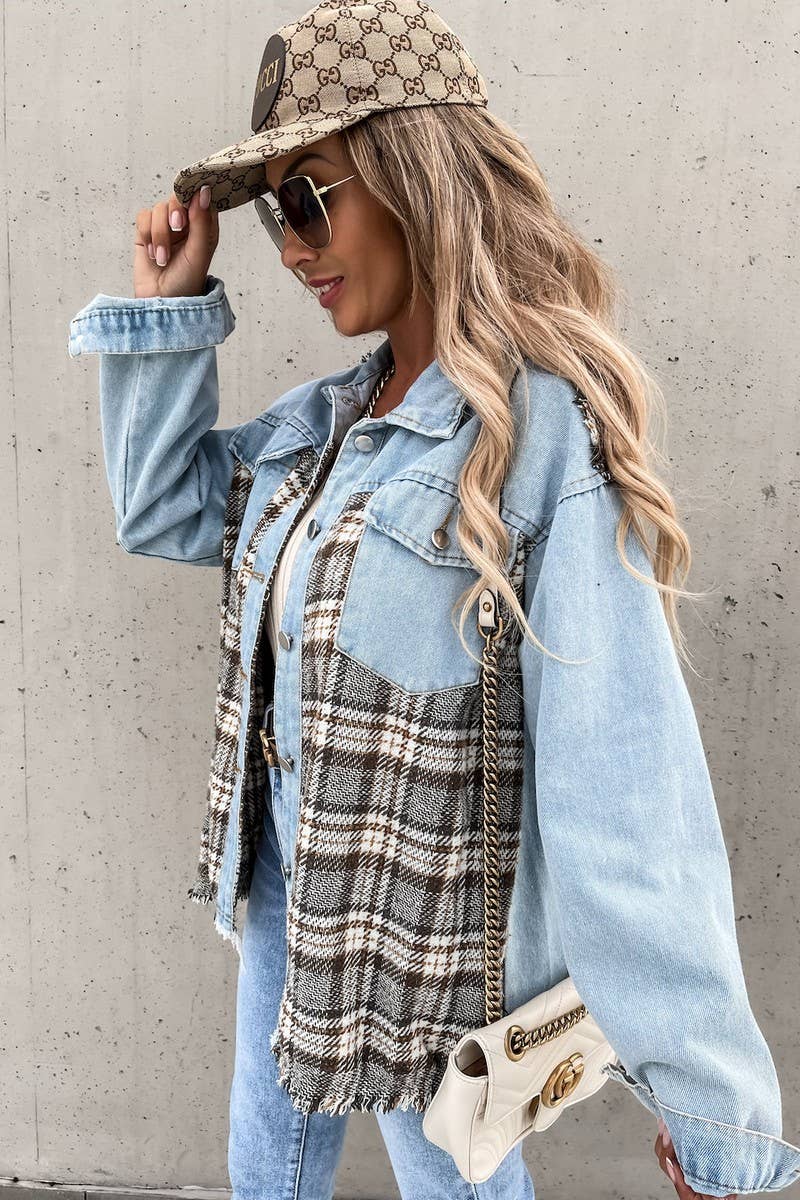 WOMEN DENIM PATCHWORK PLAID JACKET_CWJJ0050: LIGHTBLUE / (S) 1