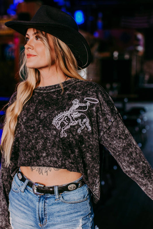 MK449 Acid washed Embroidery Studded LS Crop Sweatshirt : Black / S