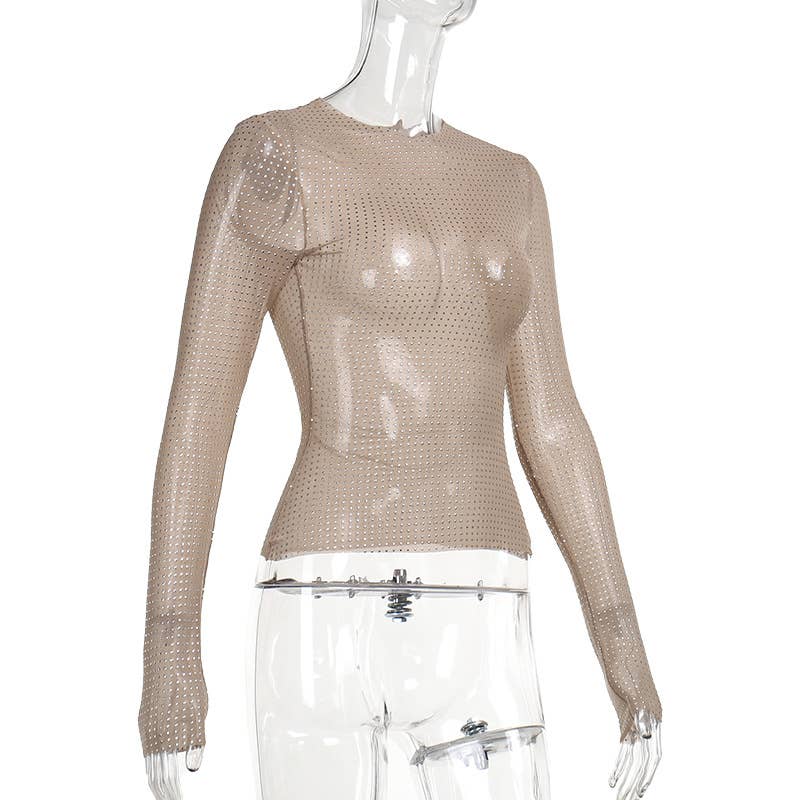 Allover Rhinestone semi sheer mesh See Through Top: Nude