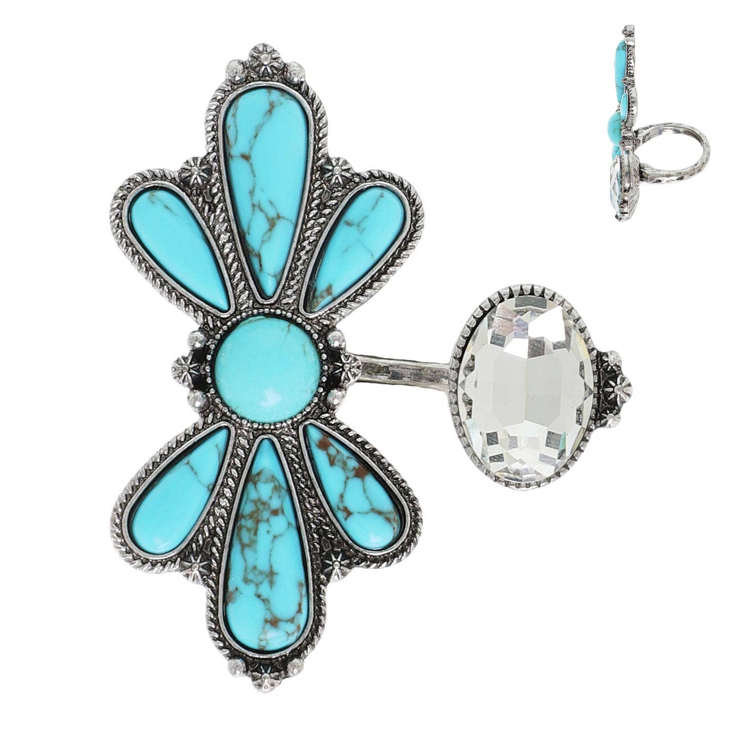 Western Jeweled Floral Turquoise Cuff Ring