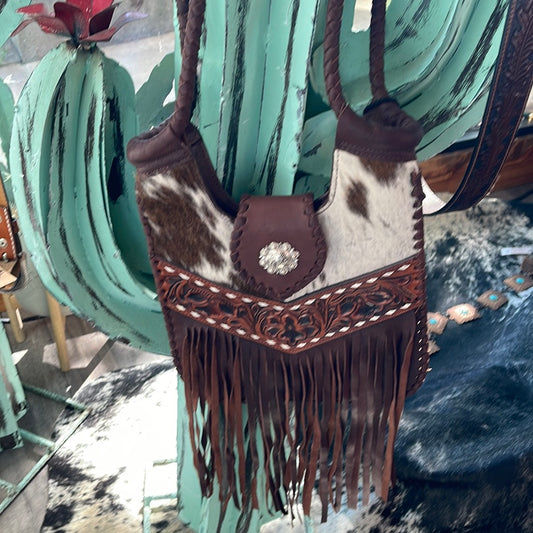 Cowhide leather and fringe shoulder bag