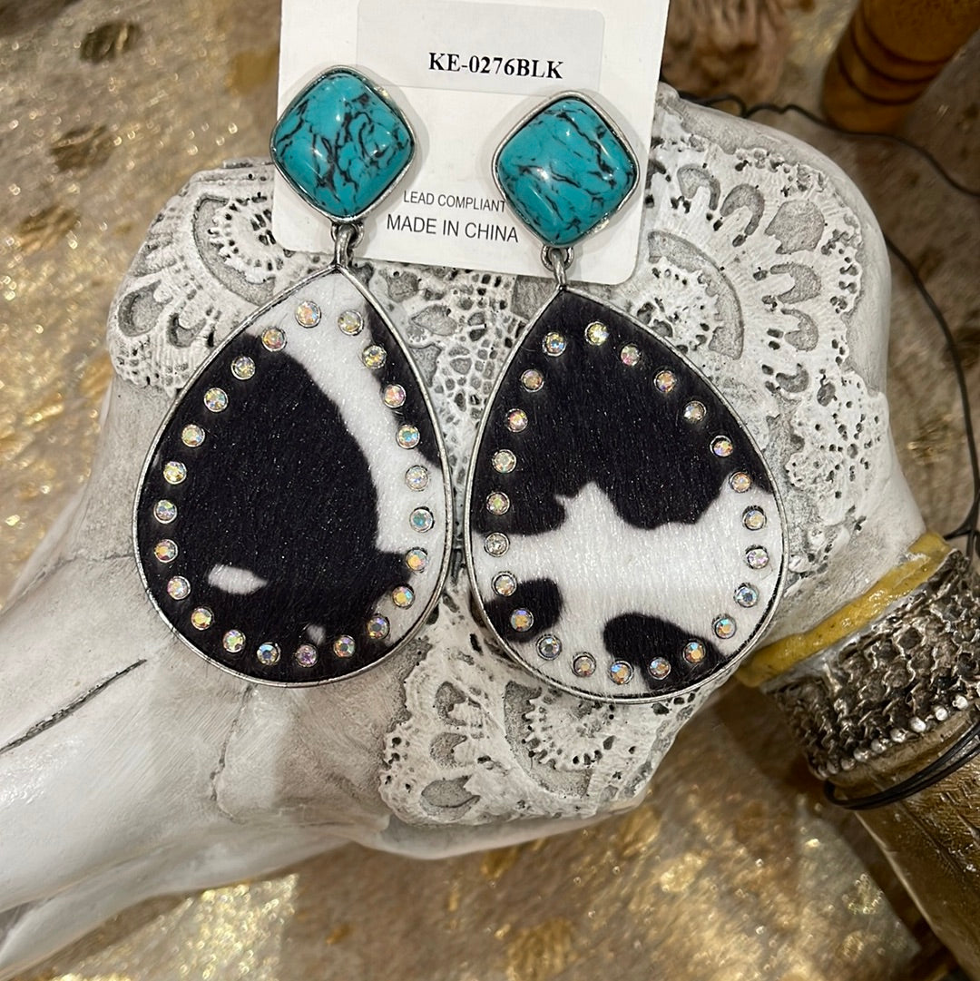 Black cowhide and turquoise earrings