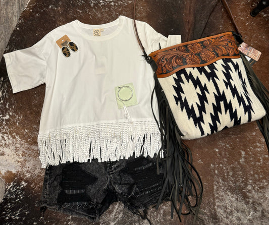 White Fringe Boxy Tee