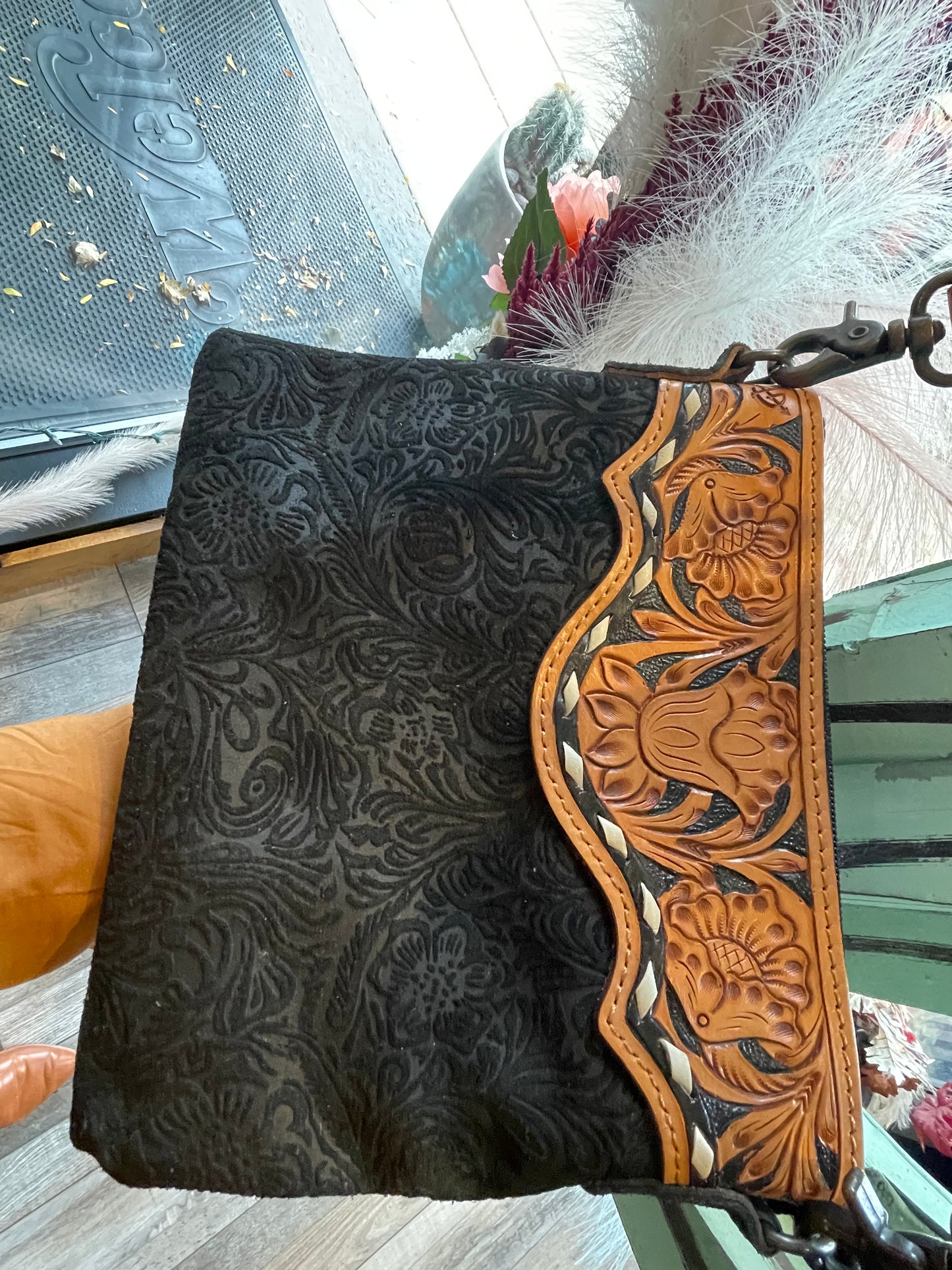 Black detailed tooled leather purse