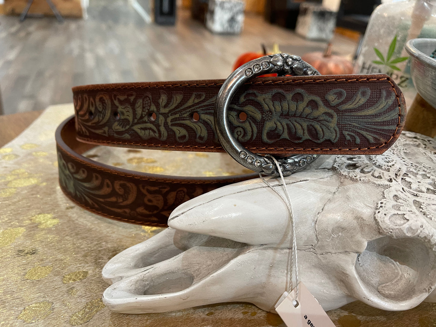 Brown and turquoise leather belt