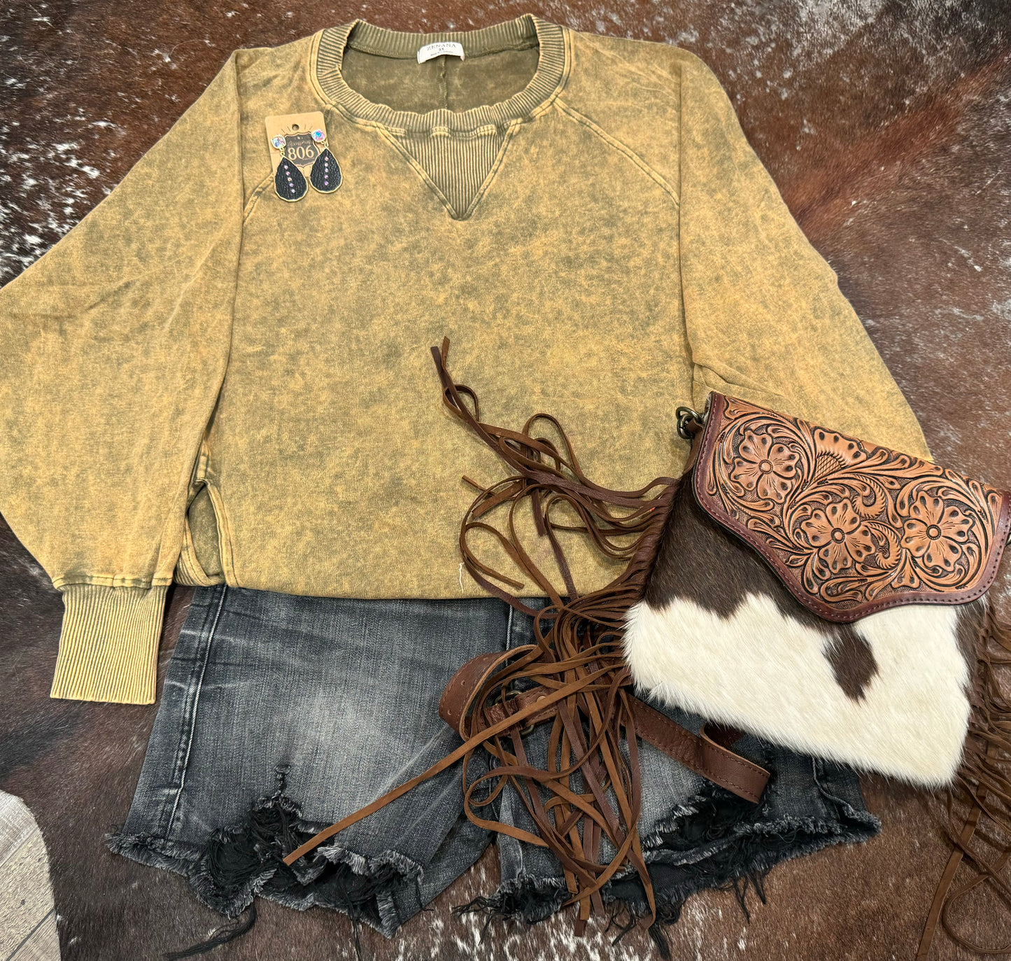 Acid Wash Round Neck Pullover with Pockets