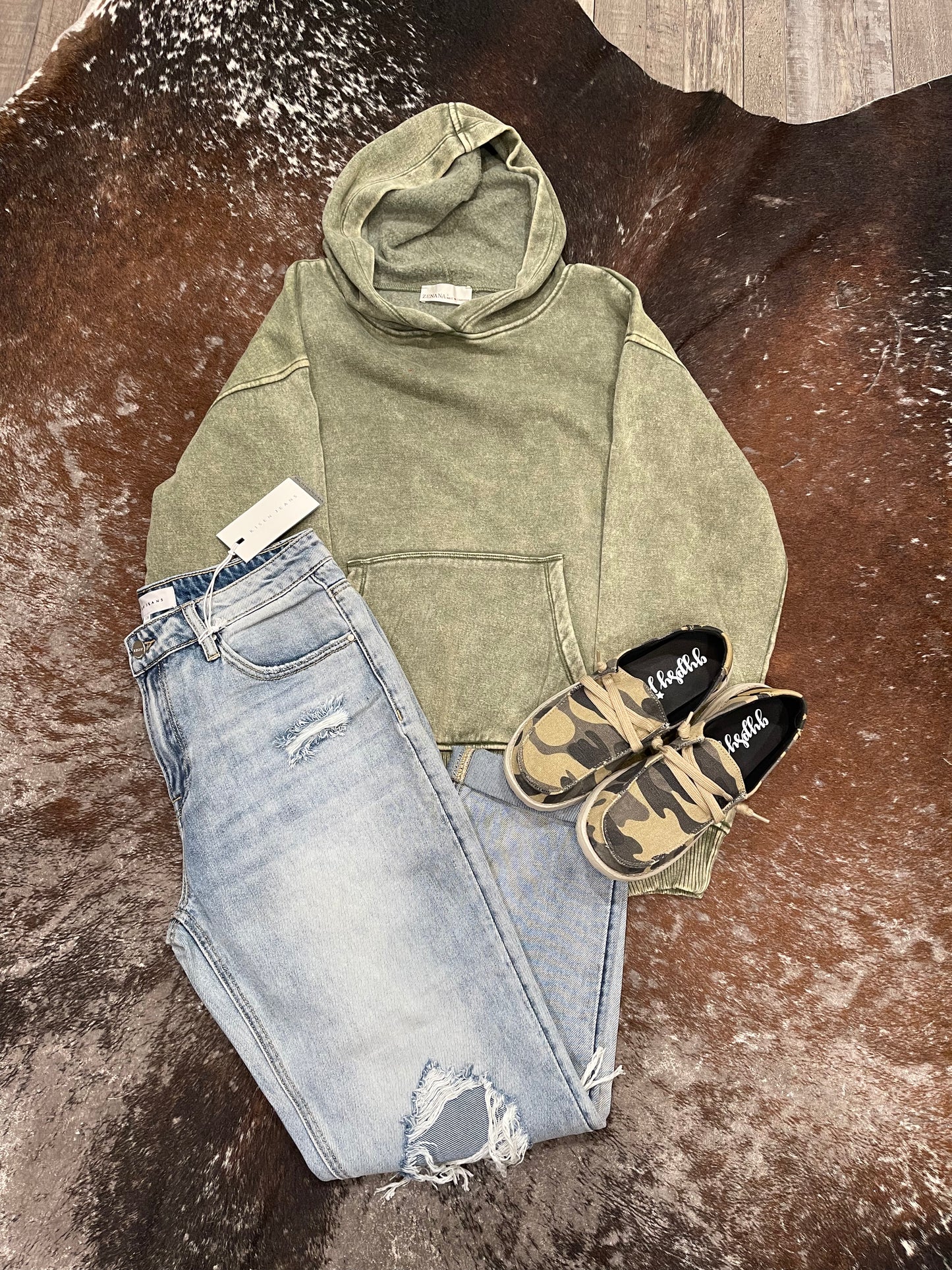 Olive Fleece Acid Wash Pocket Hoodie