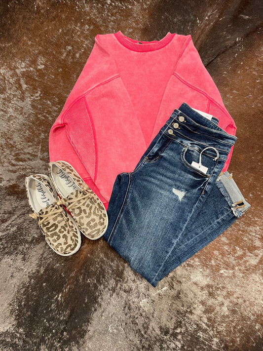 Fuschia Acid Wash Fleece Pullover