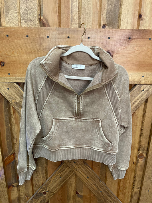 Acid Wash Camel Half Zip Sweatshirt