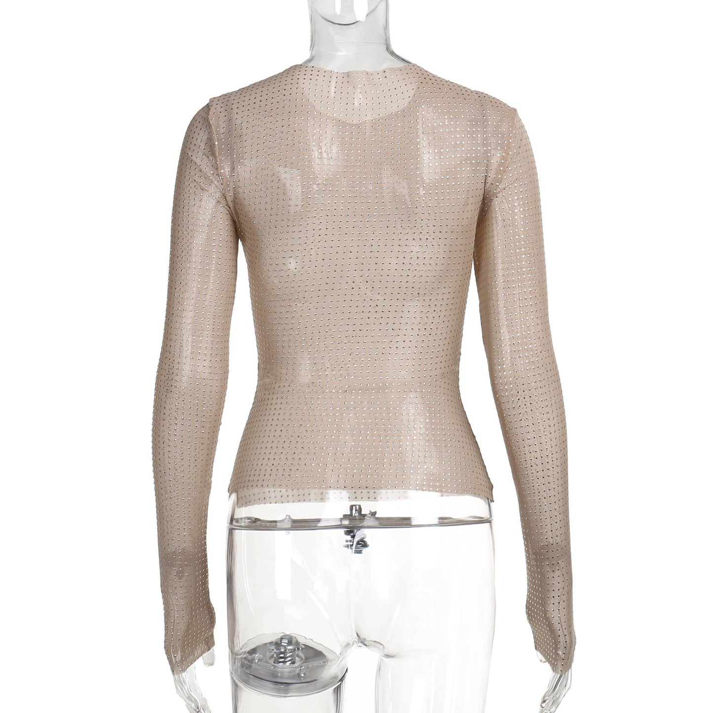Allover Rhinestone semi sheer mesh See Through Top: Nude