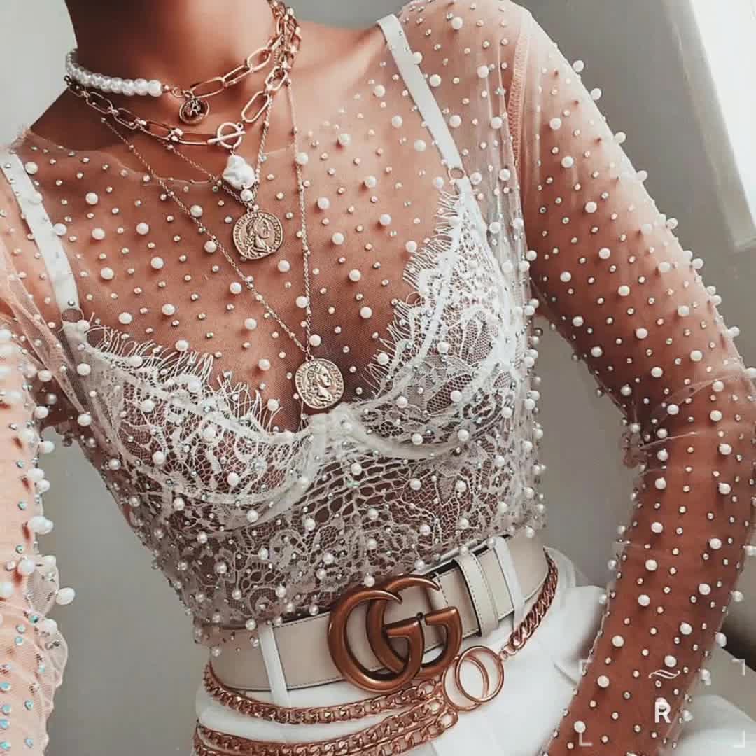 Pearl Rhinestone Studded See Through Mesh Crop Top (White)