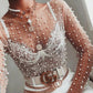 Pearl Rhinestone Studded See Through Mesh Crop Top (White)