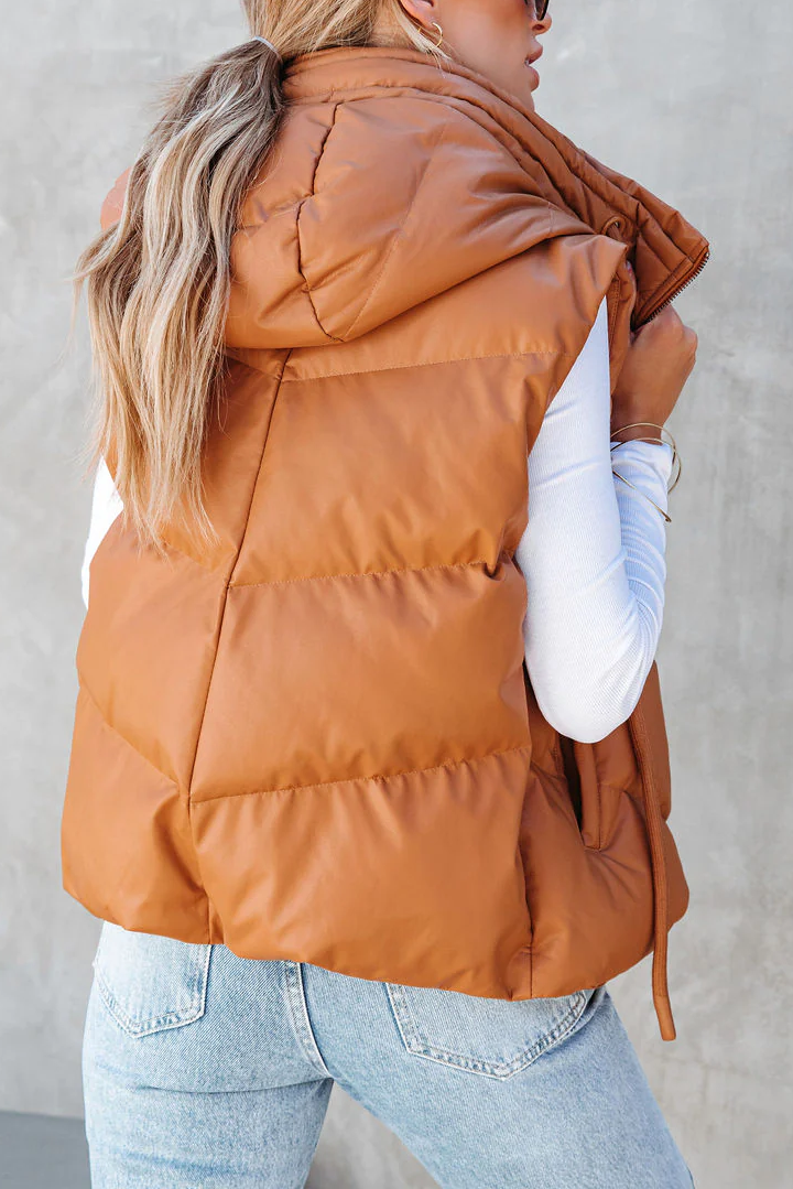 Hooded Puffer Double Slip Pocket Waistcoat: Camel