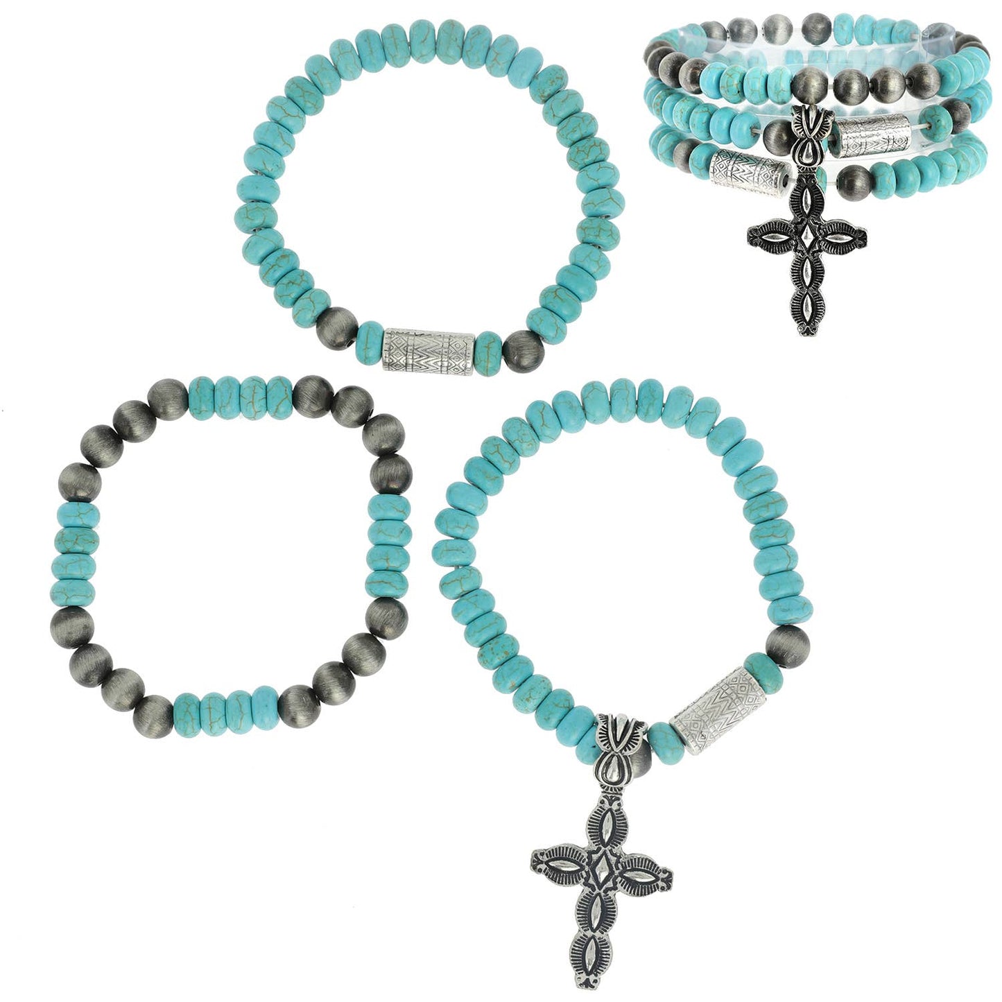 Western Cross Charm 2 Tone Beaded 3 Pack Bracelet Set: Rust Green White