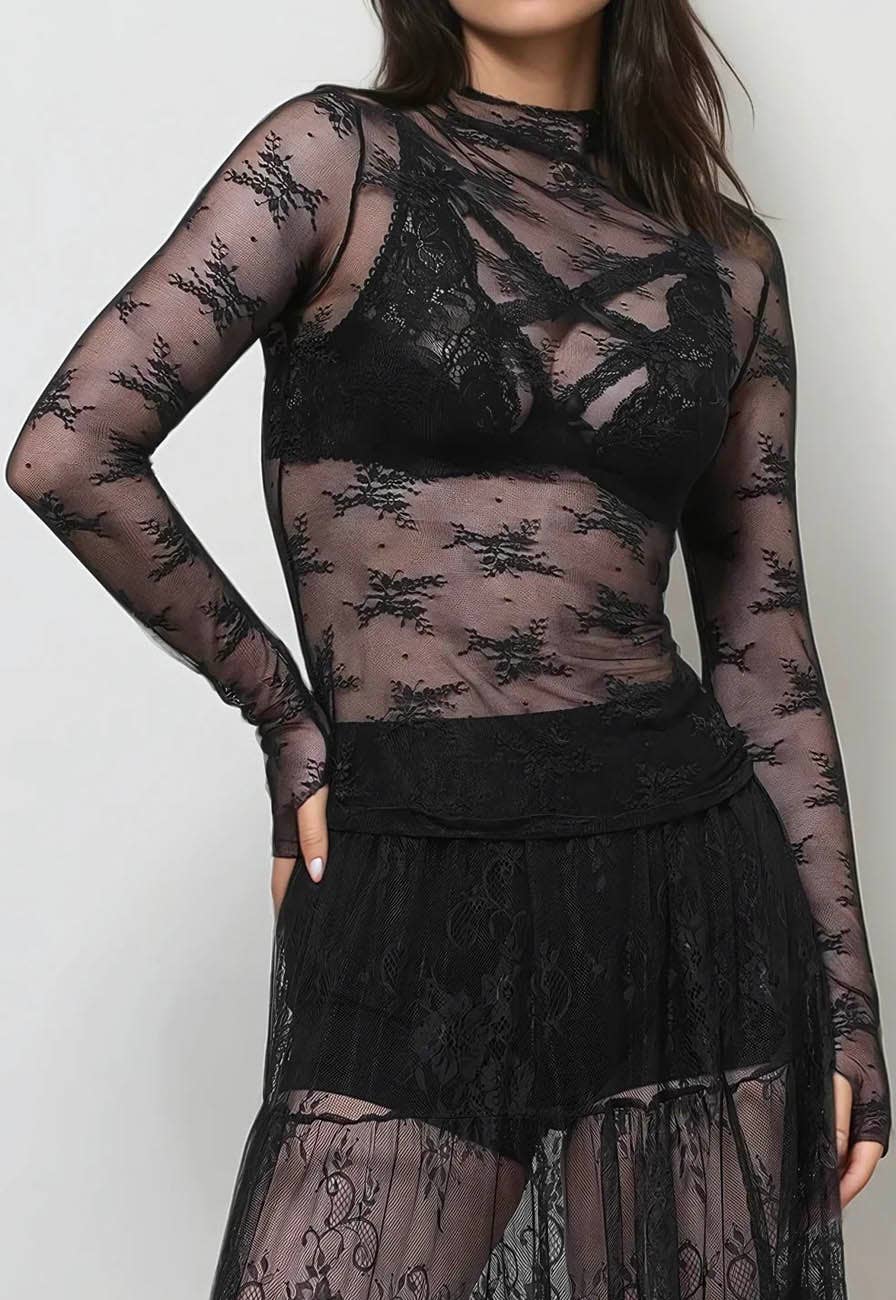 Lux Layering Floral Lace See Through Mesh Top Blouse (Lime Green)