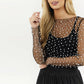 Sparkle Pearl Studded Sheer Mesh See Through Top (Black)