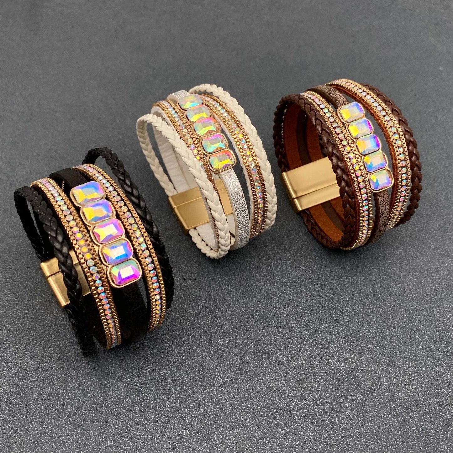 Boho Sparkling Rhinestone Multi-layer Leather Bracelet - LB: Black