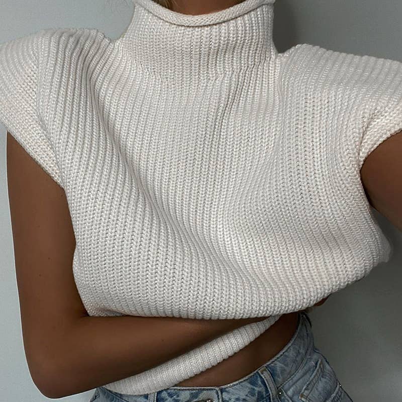 Turtleneck knit vest short sweater vest: White