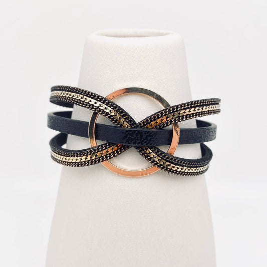 Magnetic Buckle Ring Charm Leather Bangle Bracelet - BJ/LB: Black