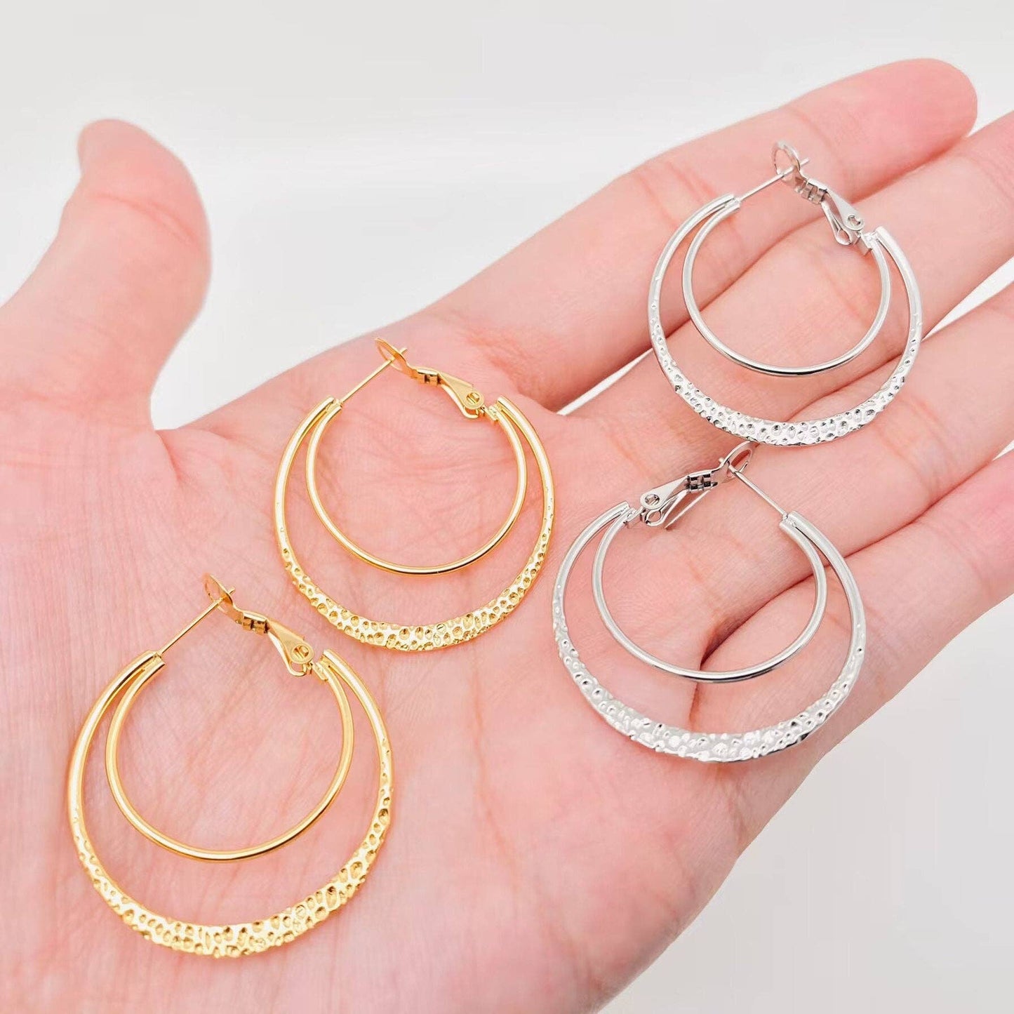 Stainless Steel Double Loop Design Gold Plated Hoop Earrings: Golden