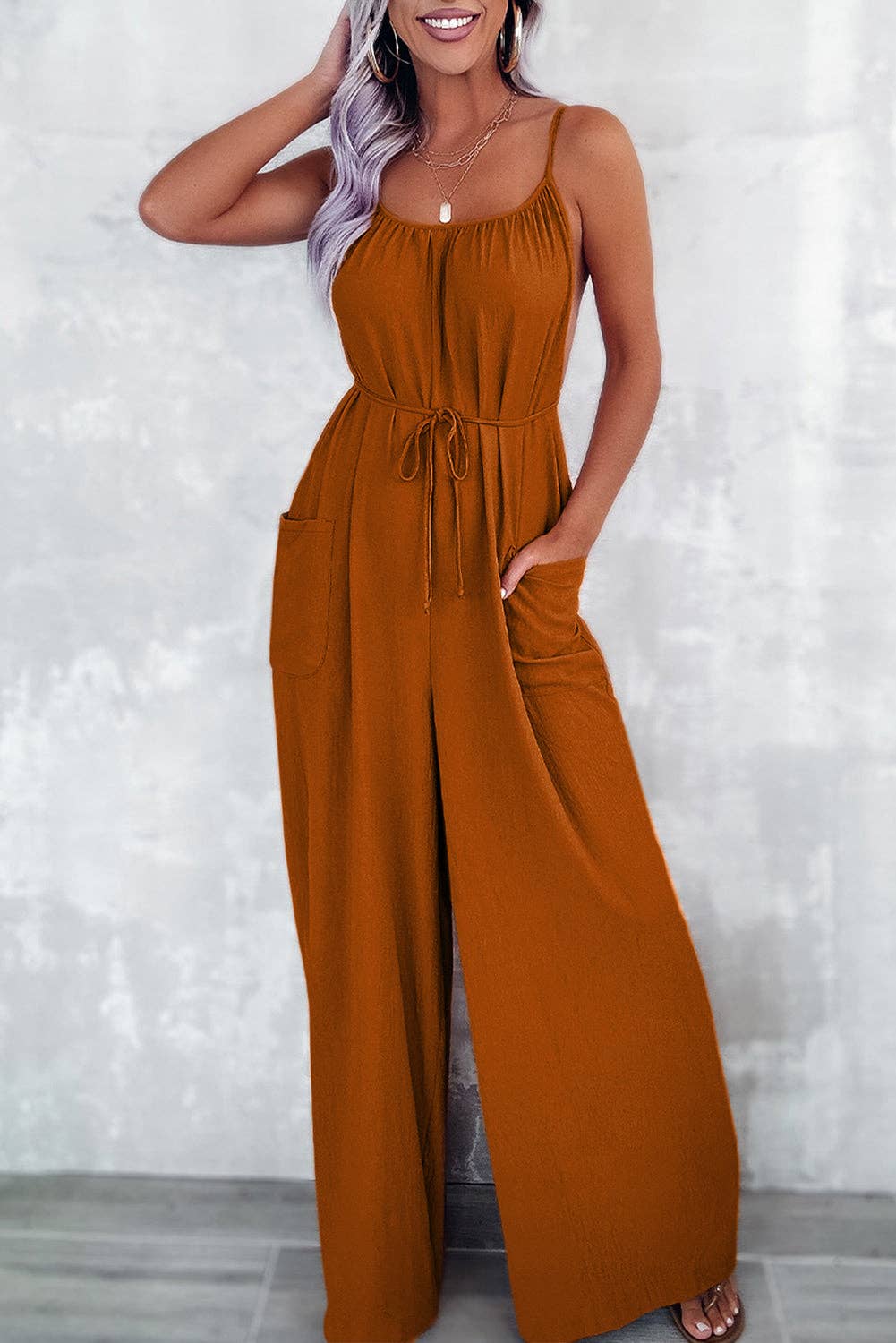 Waist Tie Wide Leg Jumpsuit: Chestnut / M