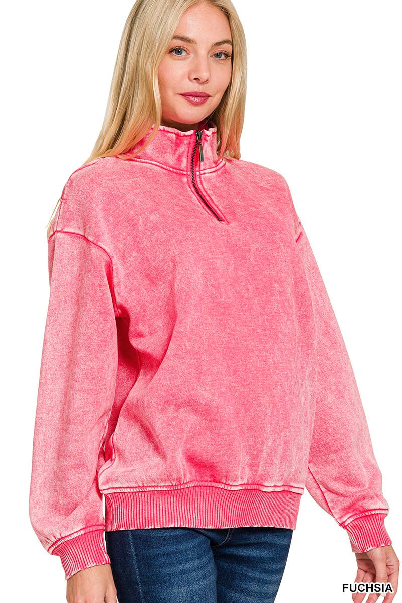 Acid Wash Fleece Half Zip Pullover: DK PINK/ M