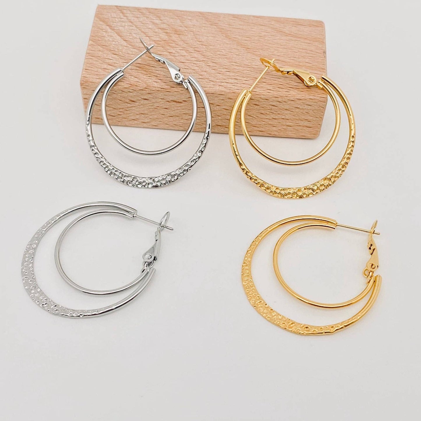 Stainless Steel Double Loop Design Gold Plated Hoop Earrings: Golden