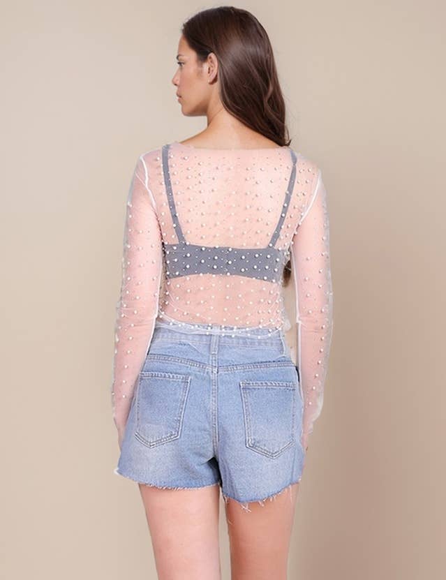 Pearl Rhinestone Studded See Through Mesh Crop Top (White)