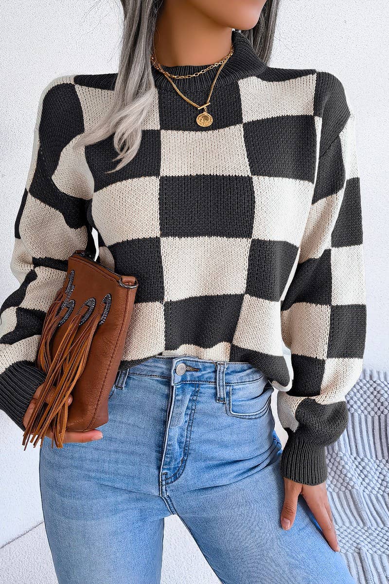 WOMEN PATCHWORK PATTERN LOOSE FIT KNITTED SWEATER_CWOSWL0435: Black / (L) 1