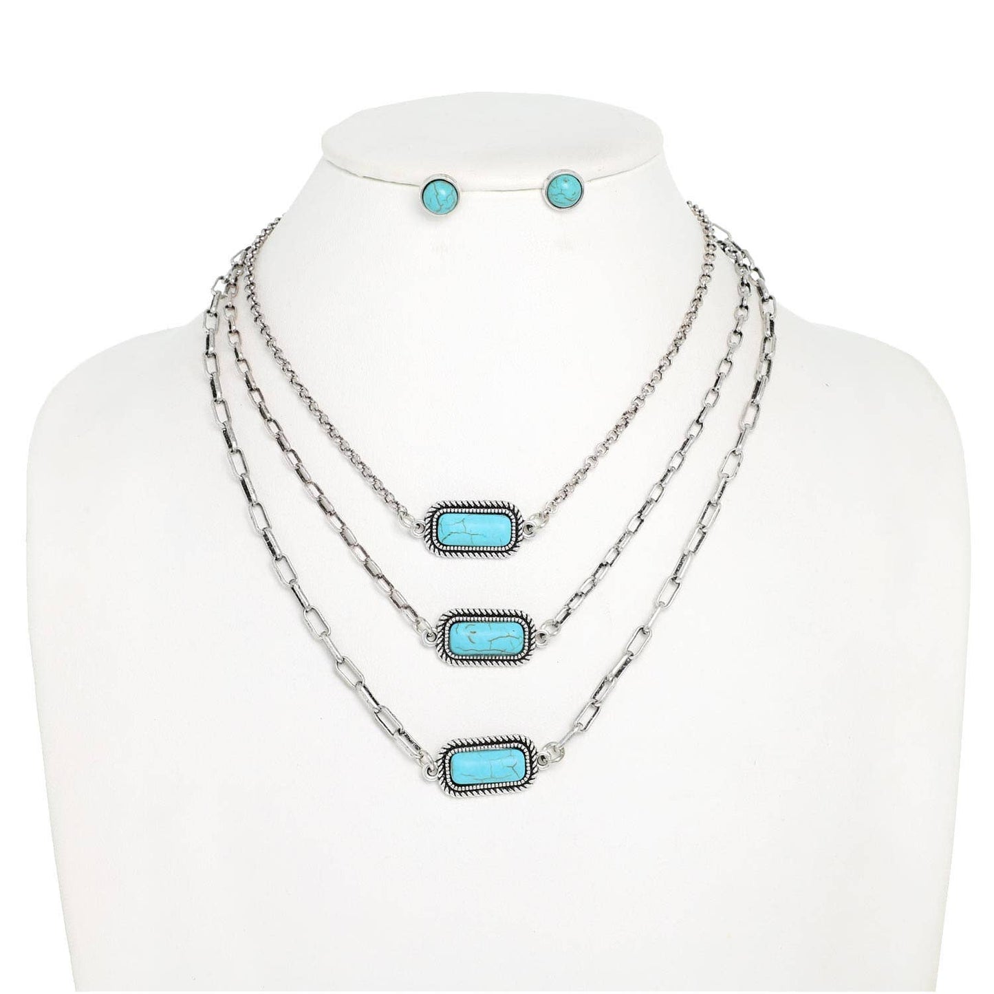 Western 3-Row Turquoise Stone Necklace Set