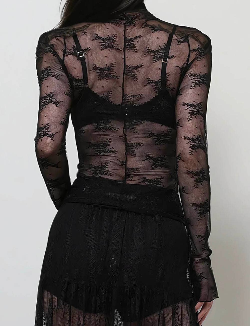 Lux Layering Floral Lace See Through Mesh Top Blouse (Lime Green)
