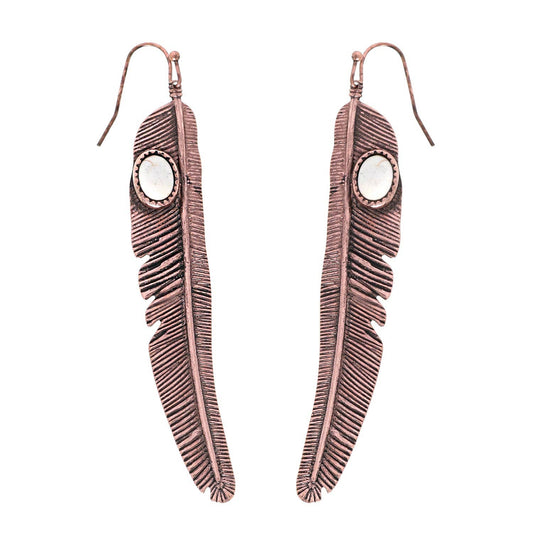 Western Feather w/ Semi Stone Hook Dangle Drop Earrings: Copper White