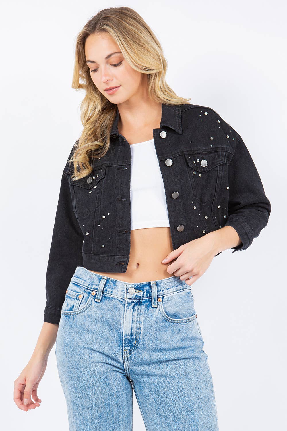 Rhinestone Crop Denim Jacket: Med Wash / M