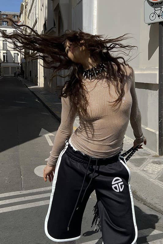 Allover Rhinestone semi sheer mesh See Through Top: Nude