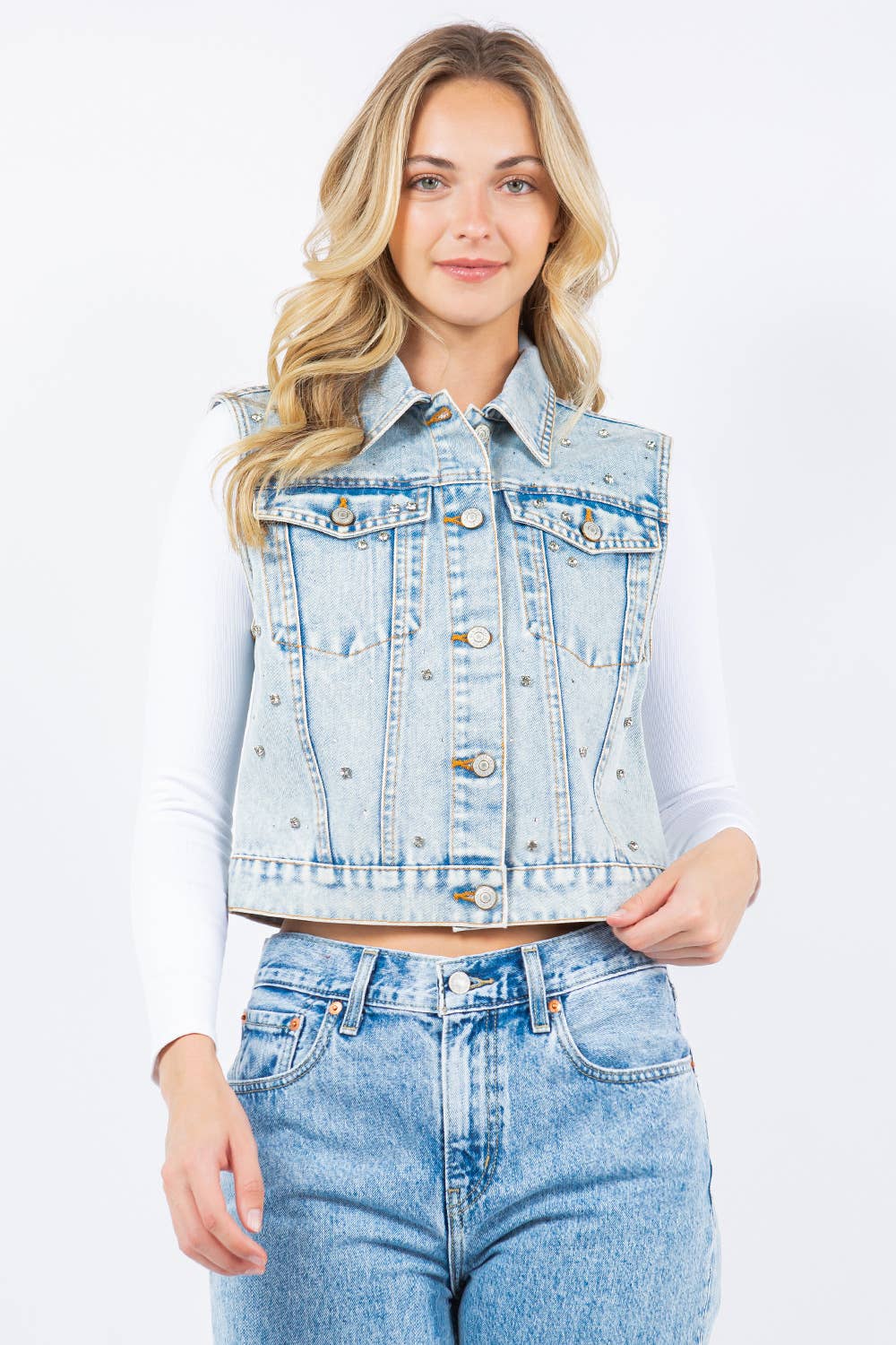 Iconic Denim Vest Jacket with Rhinestones: Black / M