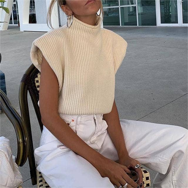 Turtleneck knit vest short sweater vest: Brown