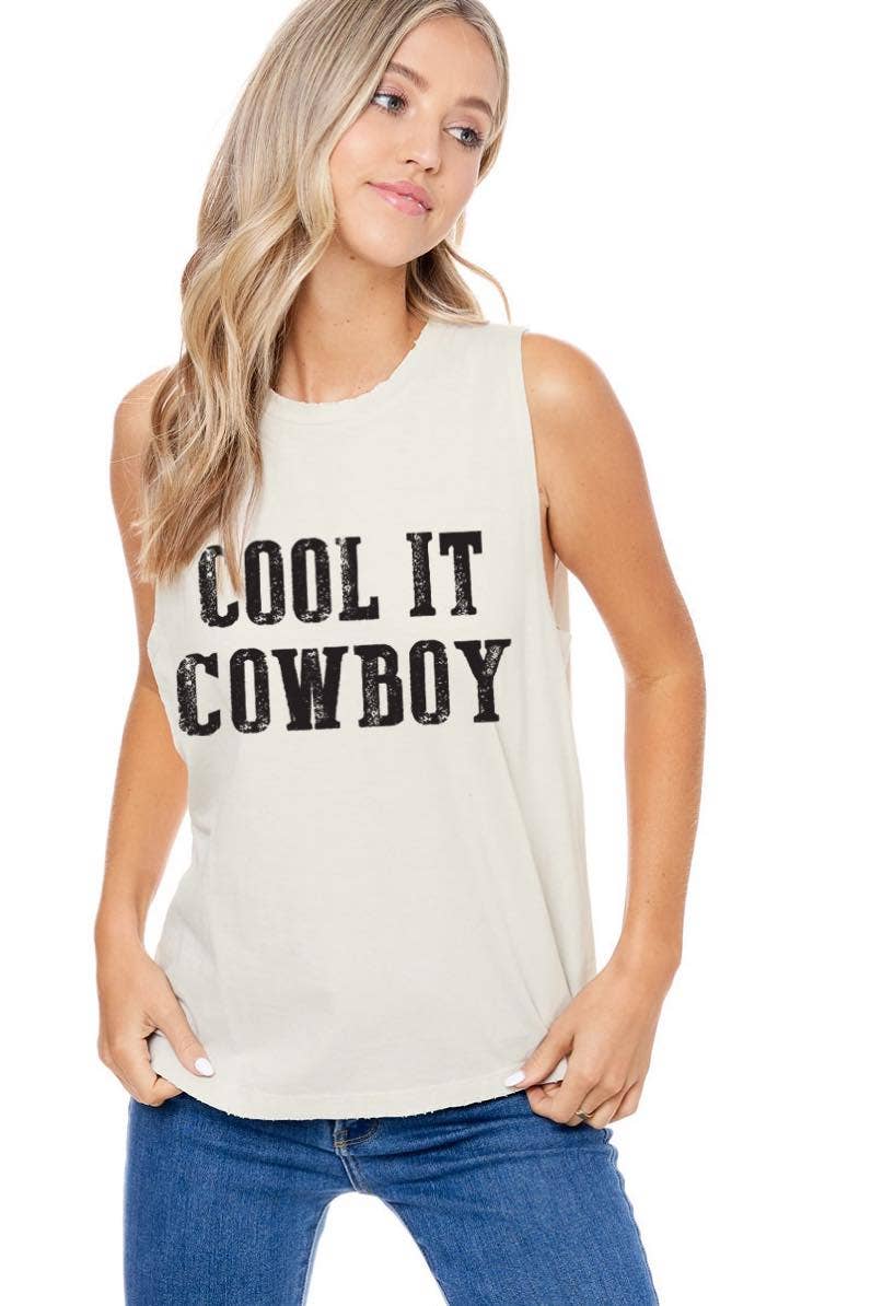 Cool It Cowboy Graphic S/L Washed Tank: S / BLACK