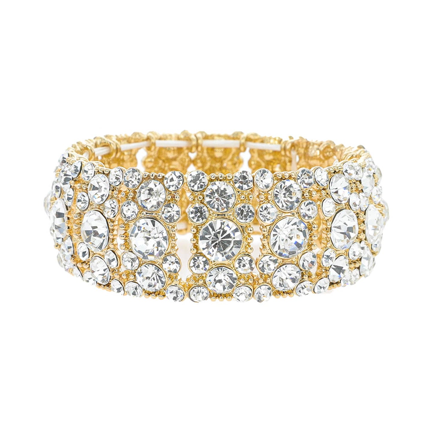 Rhinestone Pearl Cluster Stretch Bangle Bracelet: Gold Iridescent