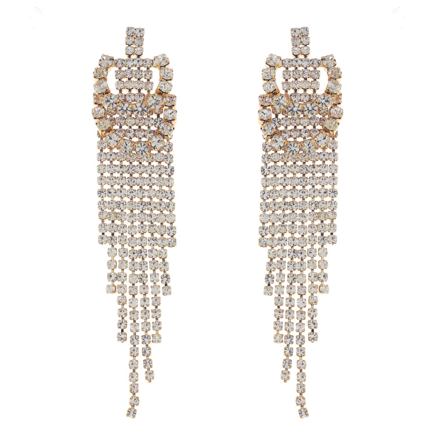 Rhinestone Pave Layered Loop Dangle Tassel Earrings: Gold