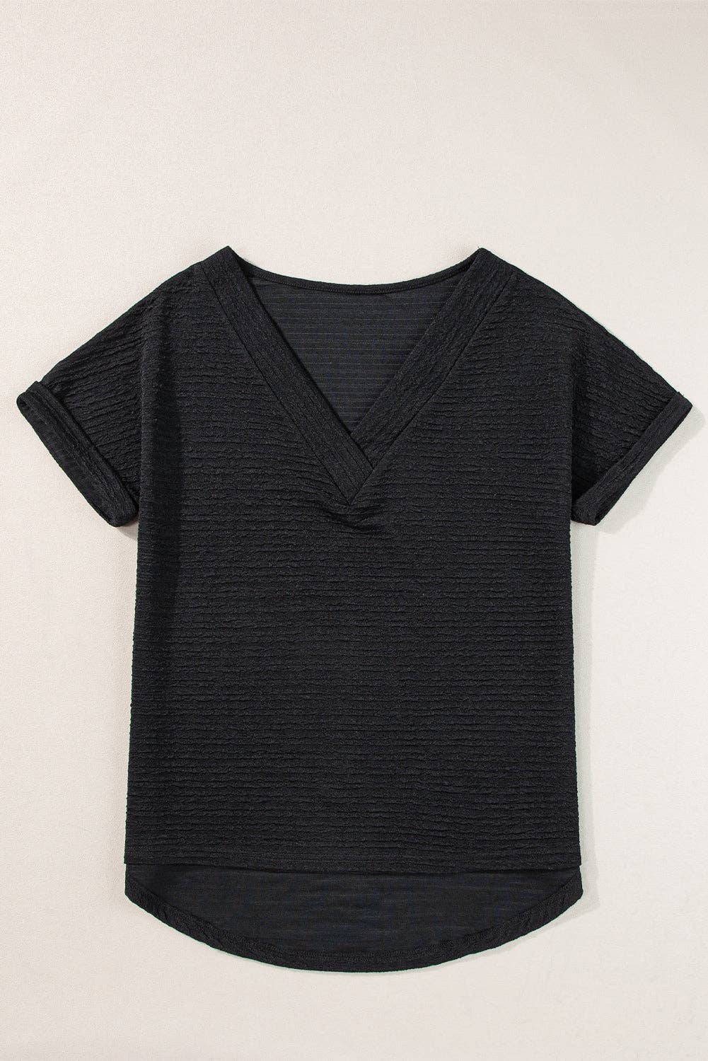 Textured Wide Sleeve V-Neck T-Shirt: Black / M