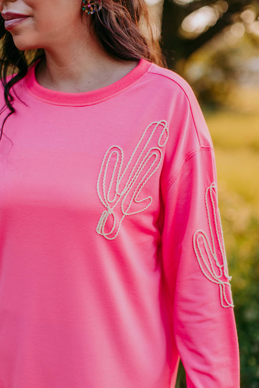 MK371 Cactus Line Embroidery Light Weight Sweatshirt Pink: Pink / S