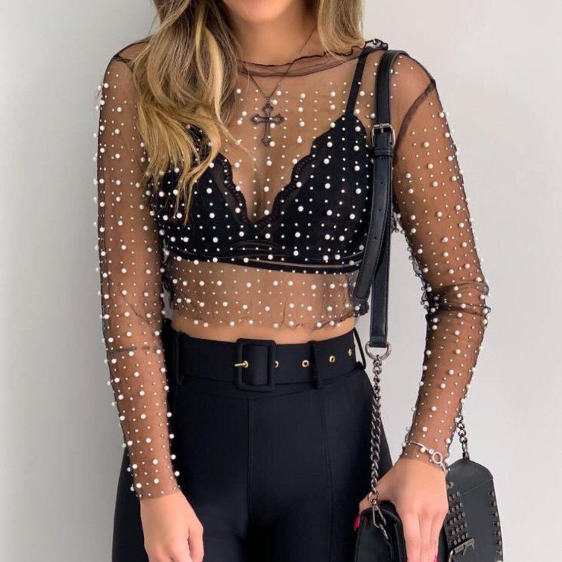 Pearl Rhinestone Studded See Through Mesh Crop Top (Black)
