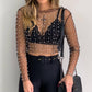 Pearl Rhinestone Studded See Through Mesh Crop Top (Black)