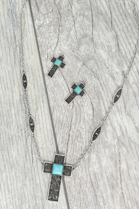 Western Turquoise Cross Filigree Necklace Set