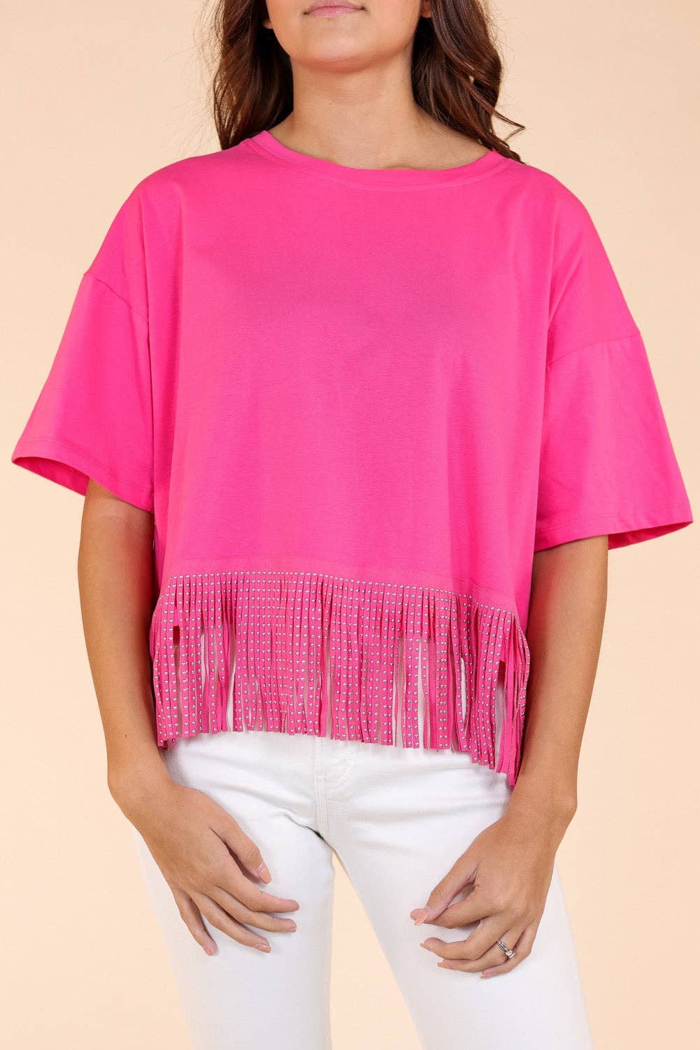 Here for the Show Studded Fringe Crop Top, Hot Pink: Hot Pink / One Size